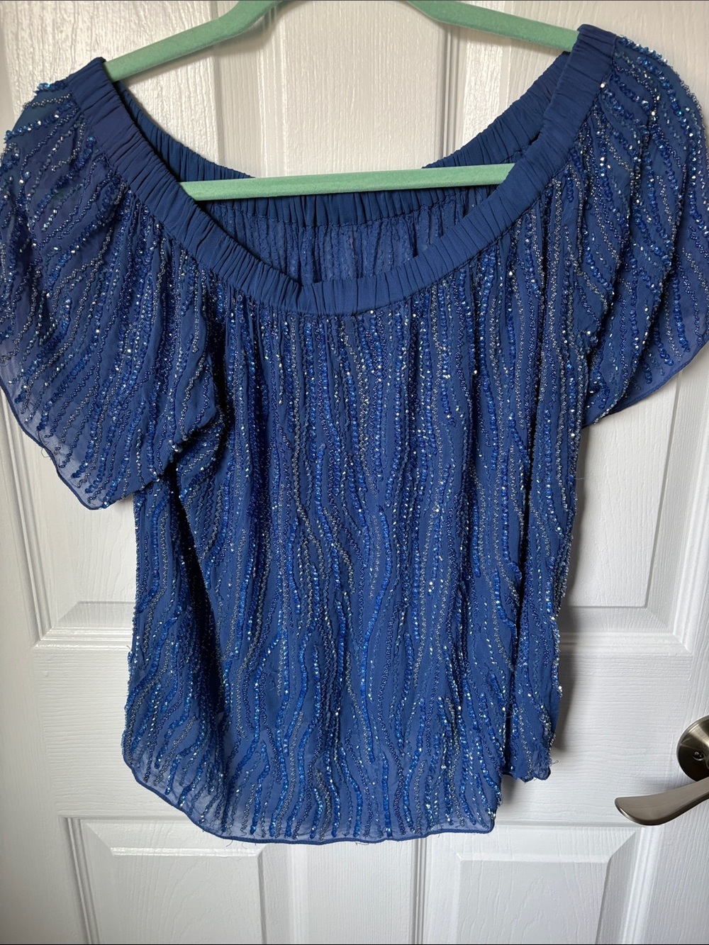 Parker Navy Blue Off-Shoulder Beaded Blouse